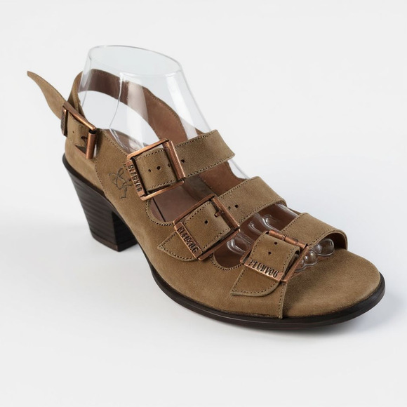 John Fluevog Sunny Tan Nubuck Leather Strappy Buckle Sandal Heeled 11 - Picture 1 of 11